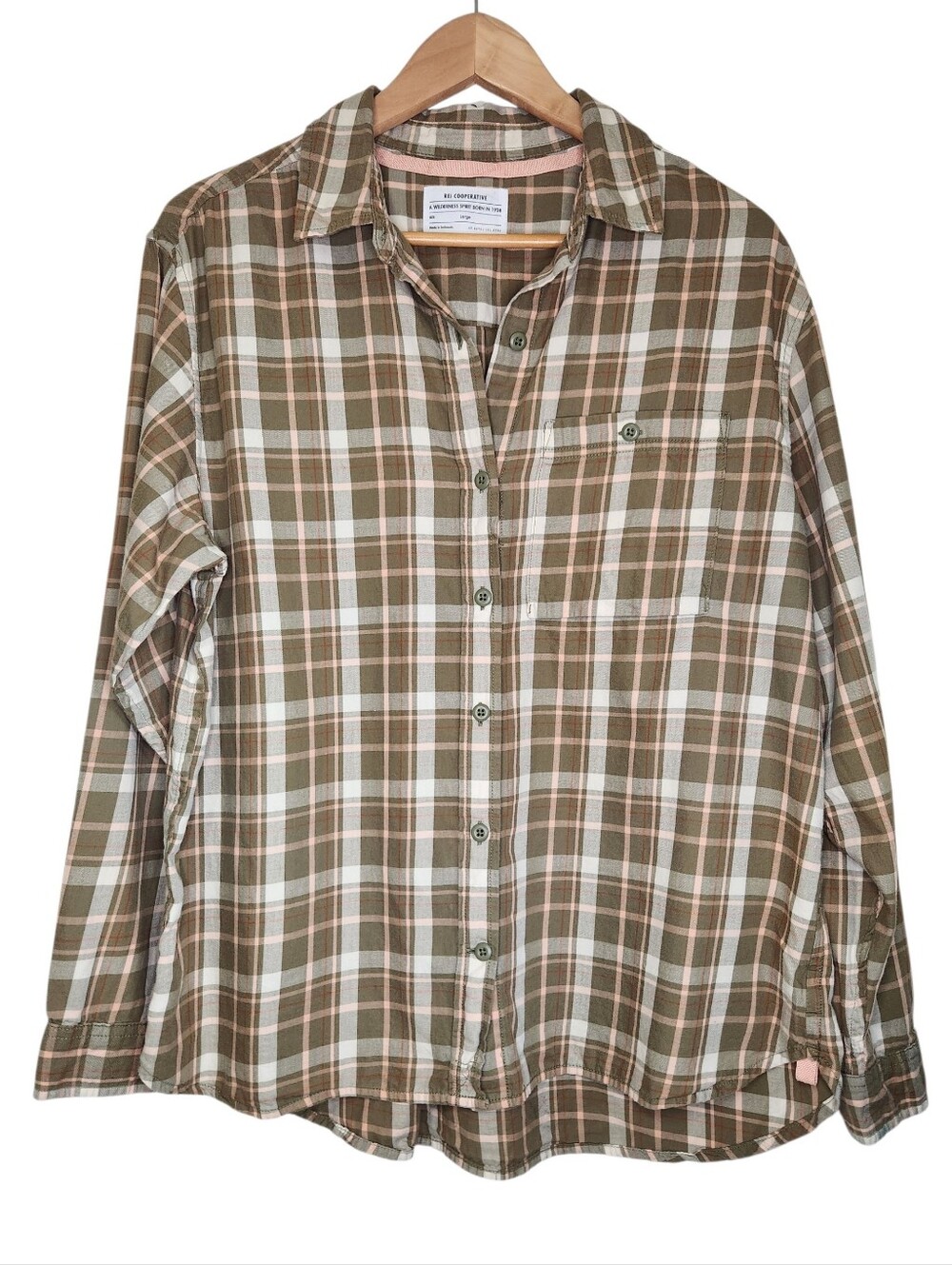 REI Co-Op Northwoods Button-up Plaid 100% Cotton Shirt Sz Large Green Tan Peach